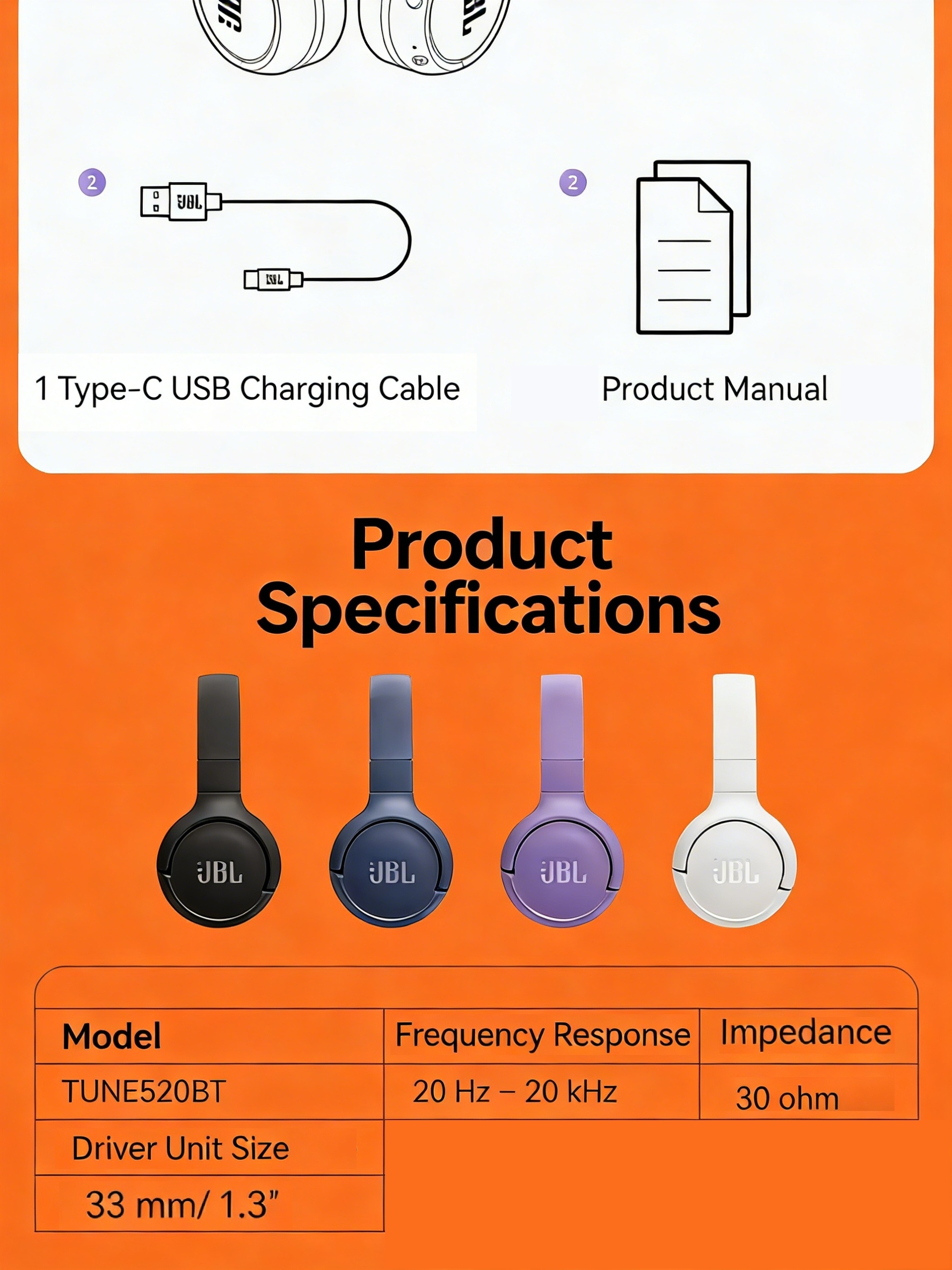 JBL Tune 520 BT, On-Ear Wireless Headphones, Pure Bass, 33Mm Dynamic Driver, Restoring Music Details, Call Noise Reduction, JBL APP, Multi-Scene, Suitable for Pop/Rock And Other Genres