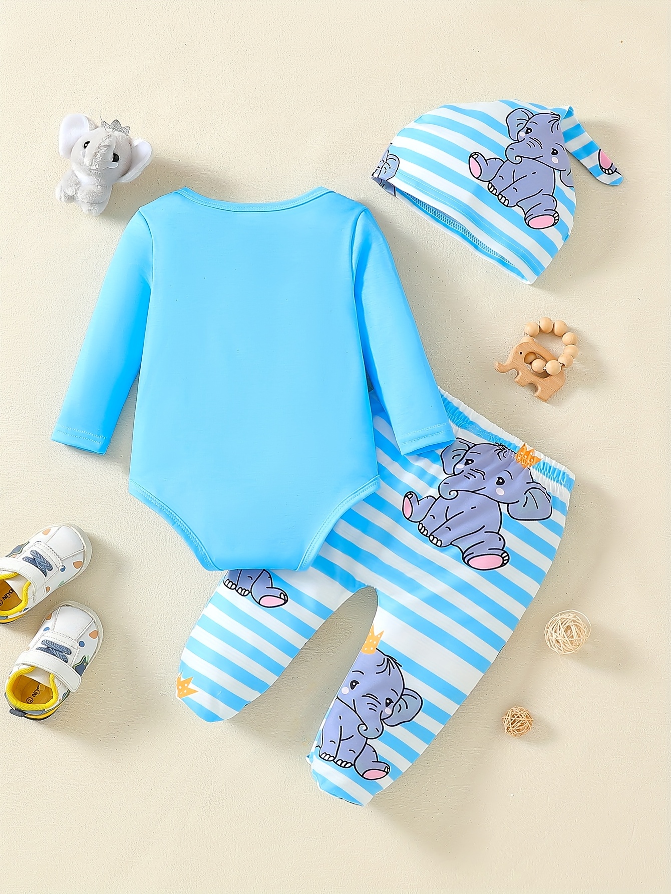 elephant 3pcs onesie set grey white striped full body Temu