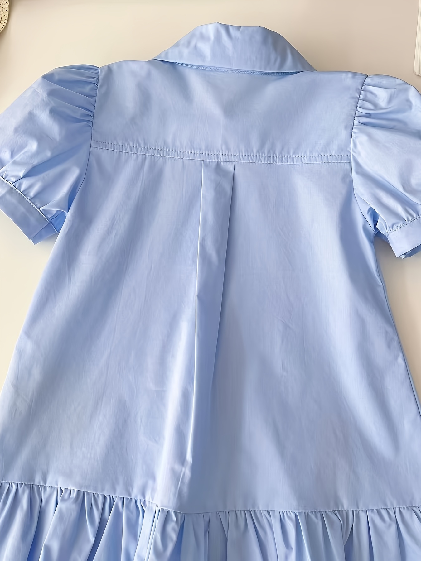 aiLe Rabbit Girls' Elegant Summer Dress - Pink with Bunny Embroidery, Ruffle Hem, Short Sleeve, Button-Up Collar, Non-Stretch Fabric, Perfect for Casual Wear, Cute Summer Dresses