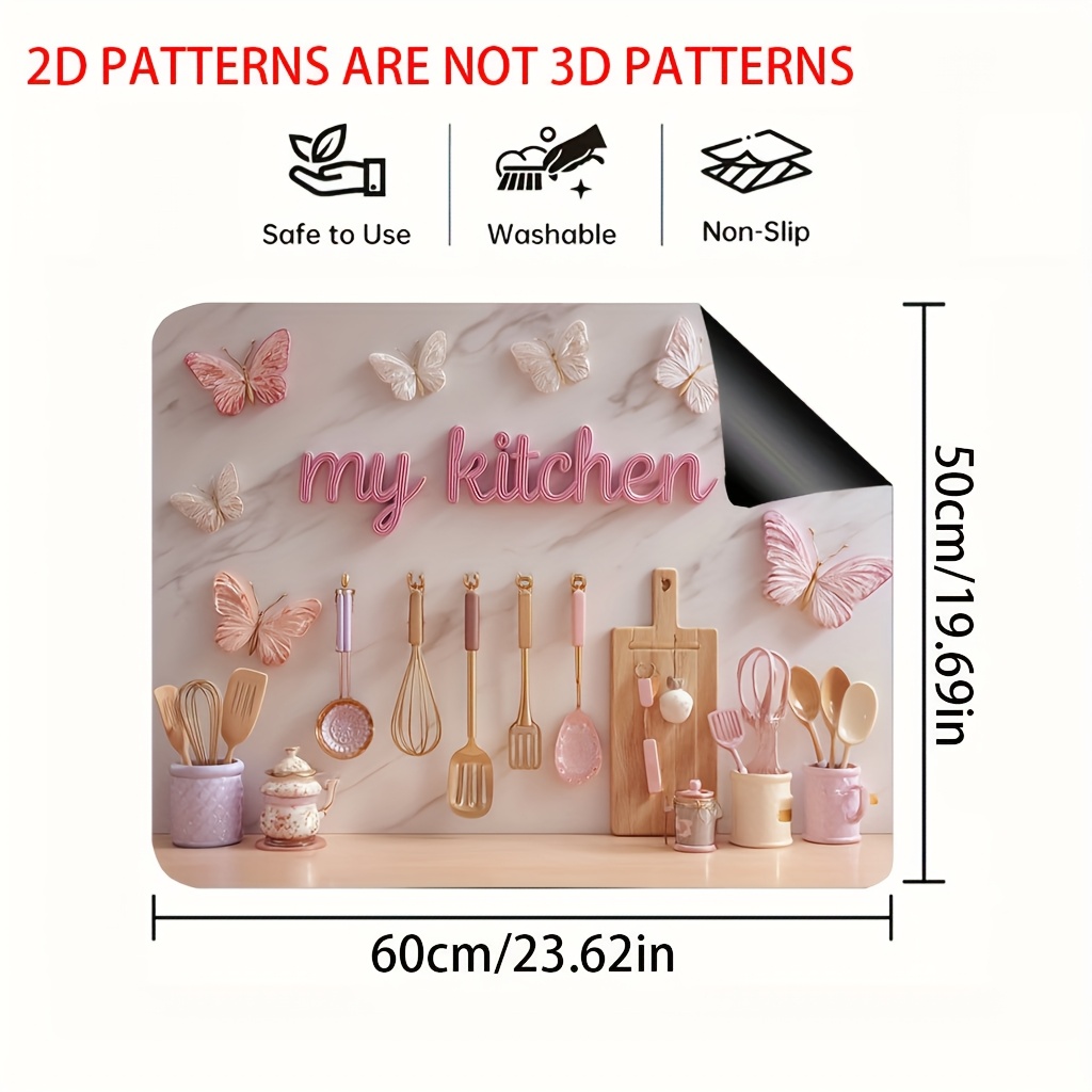 TEMU 1pc, 2d Flat, Butterflies And Stove Top Cover And Protector, Dish Dryer Mat For Any Kitchen, Washing Machine Mat, Stove Panel Protector, Glass