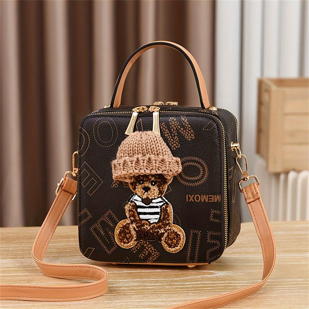 

Fashion Women Small Square Bag Leather Shoulder Bags Messenger Bag Crossbody Bag Female Simple Cute Cartoon Bear Handbags Pouch