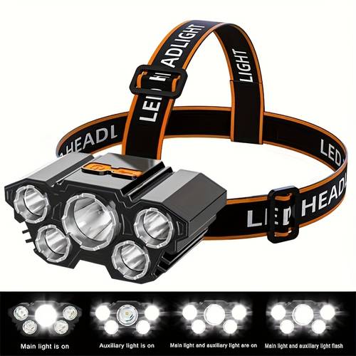 1pc rechargeable bright and powerful with 5 leds portable headlight for outdoor camping emergency lighting fishing work light