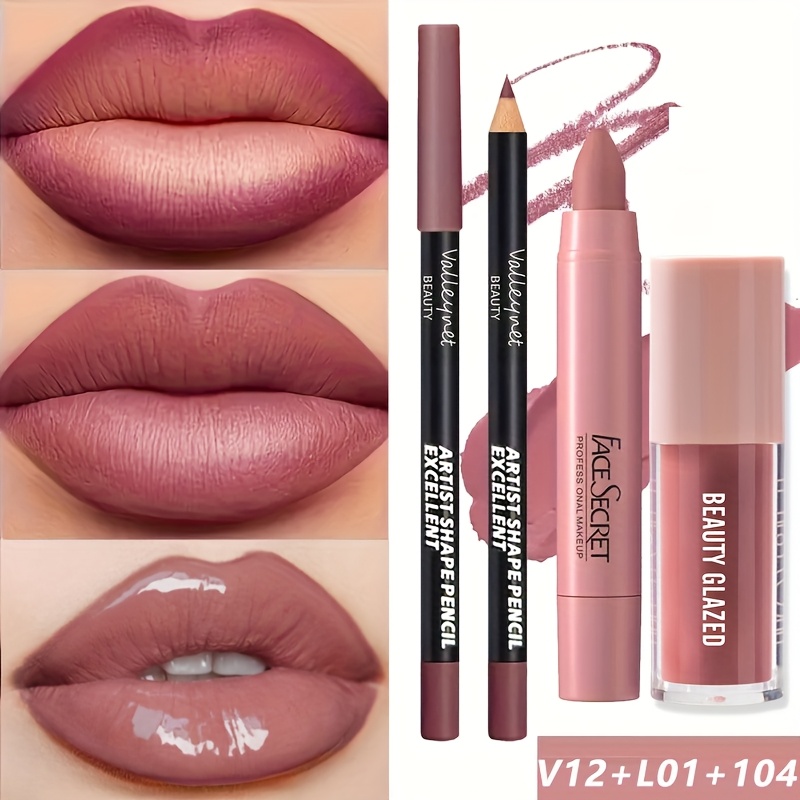 Image of 3pcs/set Velvet Texture Lip Makeup Set - Lip Liner - Lip Glaze - Lipstick Pen - Waterproof Long-lasting Matte Effect, Red, Brown, ,create Moisturizing Natural Lip Makeup Lip Combo