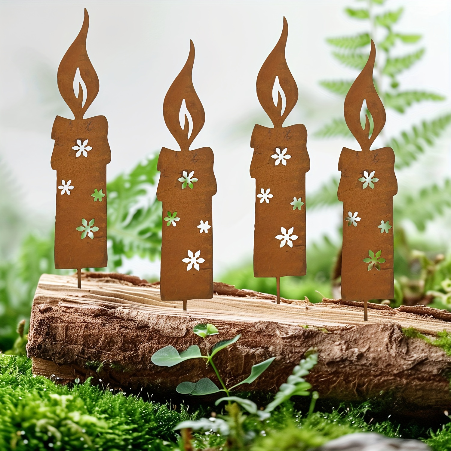 

4pcs Rustic Metal Candle - Modern Christmas Garden Stakes With Rusty , Outdoor Yard Art & Lawn Decorations, No Batteries Required