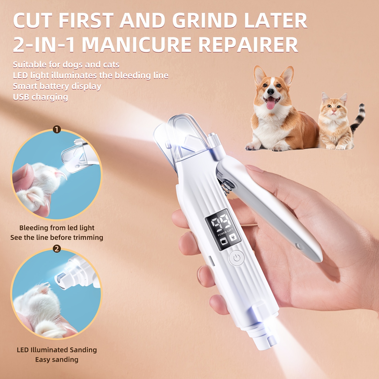 

Led Pet Nail Grinder Safe And Easy To Use Manicure Pedicure Dog Accessories Rechargeable Nail Cutter Grooming Tools Electric Pet Nail Trimmer