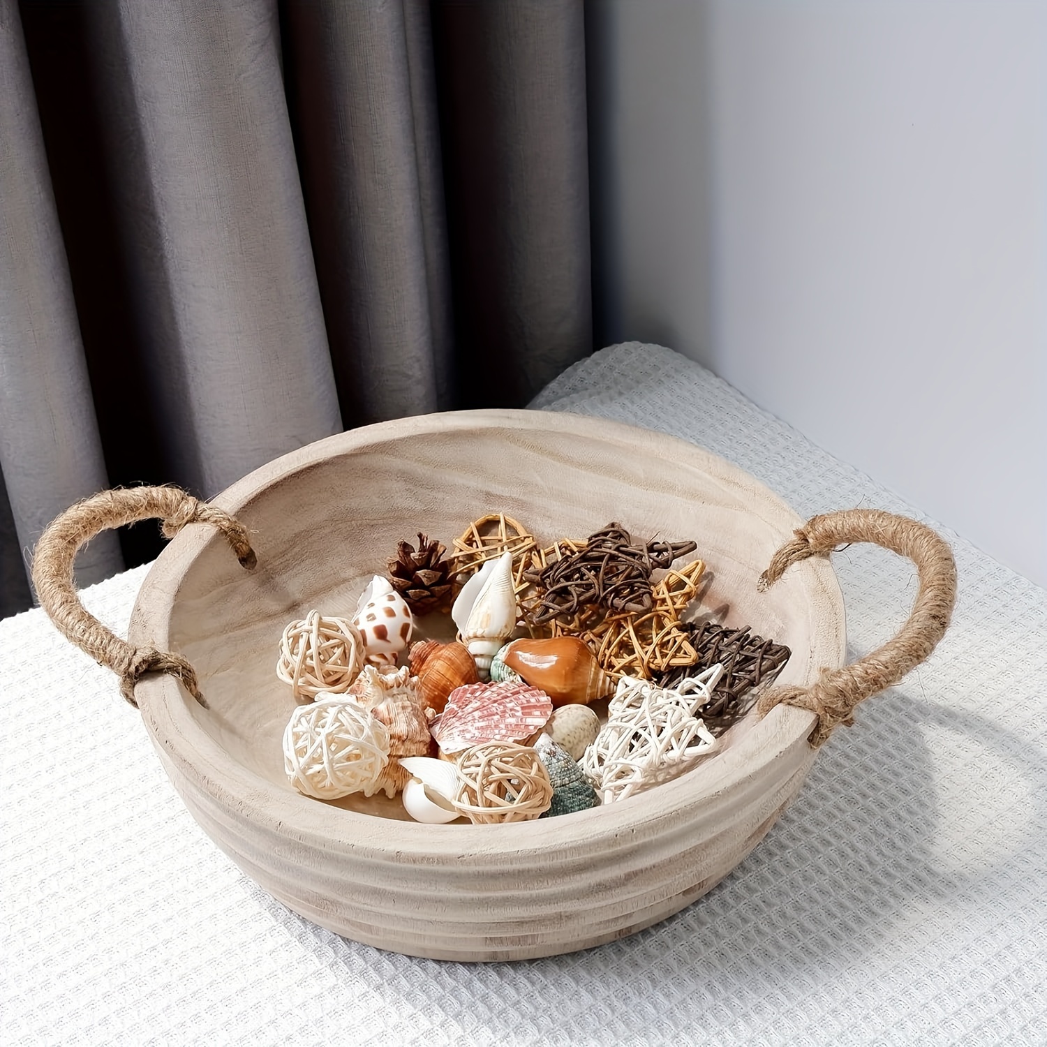 TEMU 11.2 Inch Wooden Decorative Bowl, Wood Dough Bowl With Rope Handle, Rustic Key Bowl For Entrance Table, Fruit Bowl, Centerpieces Bowl For Home Boho Decor