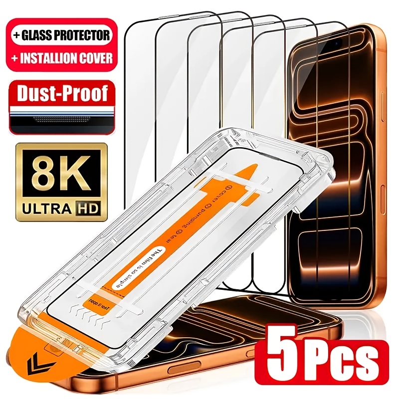a pack of 5 hd tempered glass screen protectors for iphone 17 16 pro max 15 16 17 pro 15 14 13 12 11 16e 13 mini 17 air   plus x xr xs   click film applicator protective glass