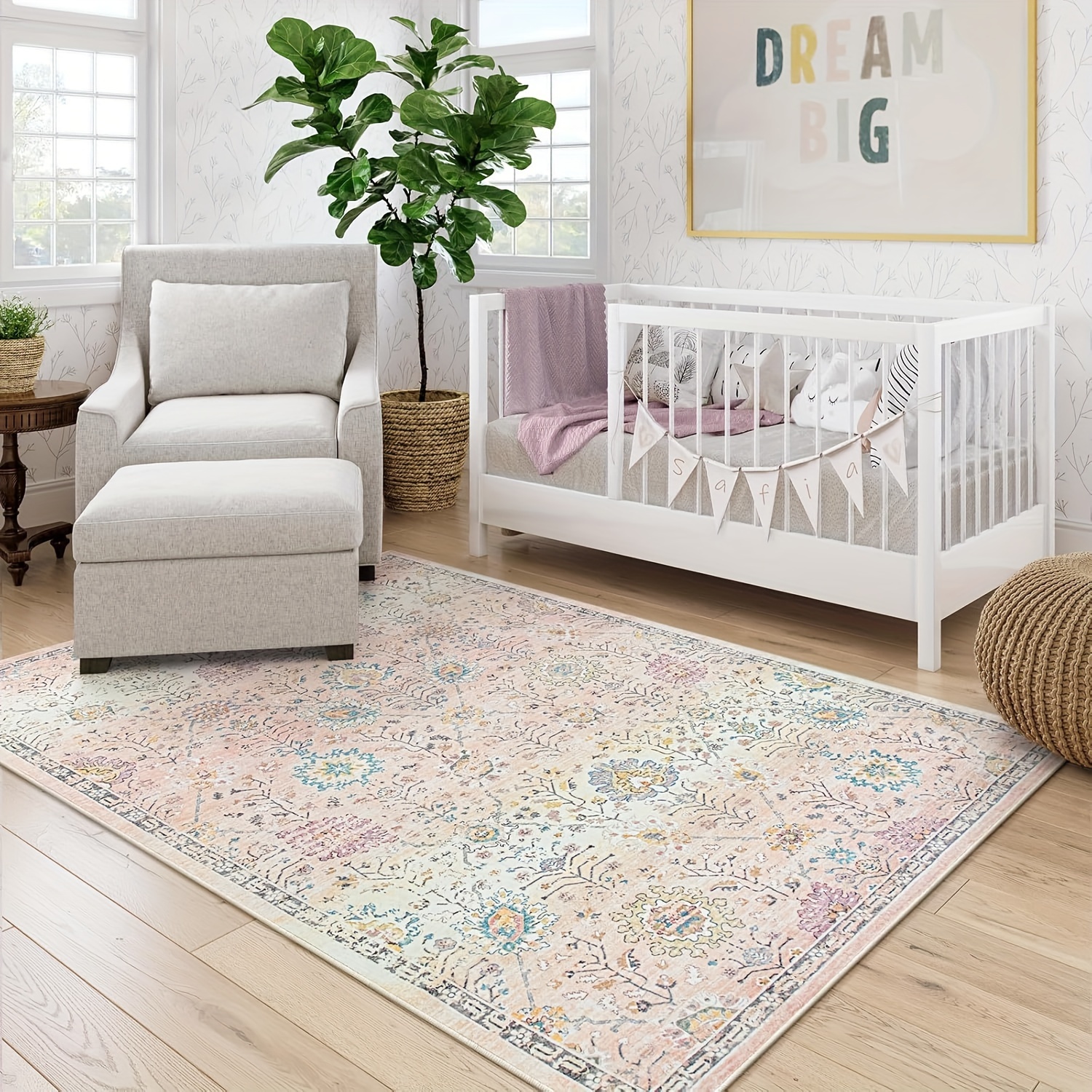 Pink Boho Area Rug, Pink Rugs For Bedroom Girls Nursery Area Rugs  Playroom Rug, Machine Washable Pastel Rug Non Slip Floor Carpet For Larg