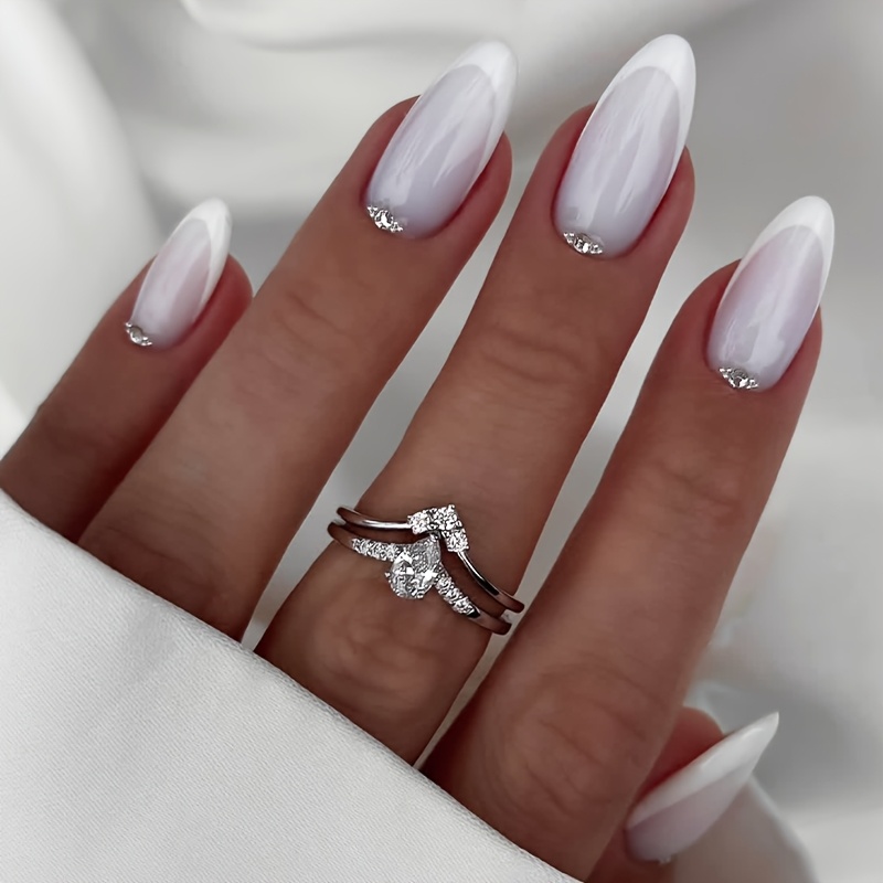 TEMU 24pcs French Gradient White Press-on Nails - Medium Almond Shape, Minimalist With Diamond Accents, Reusable Fake Nails For Daily/dates/parties,