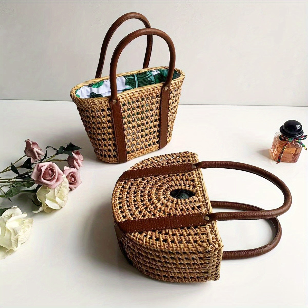Handmade Rattan Woven Hollow Drawstring Tote Bag - Bohemian Floral Print Mixed Colors with Green Lining, Durable Synthetic Material & Sturdy Handles for Women's Fashion, Beach, Shopping, Picnic, Shopping Handbag, Ethnic Style Basket, Polyester Lining