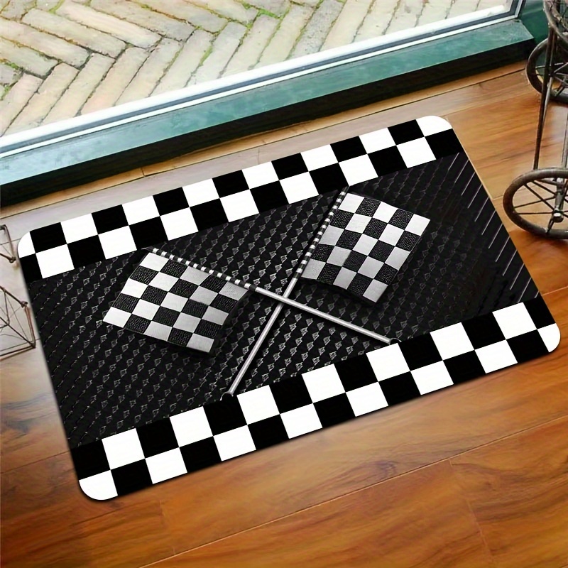 

8mm Thick Checkered Flag Doormat - Machine Washable, Rectangular, Pvc Backing, Polyester Material, Suitable For Entryways, Bathrooms, Kitchens, Living Rooms, Bedrooms, And More