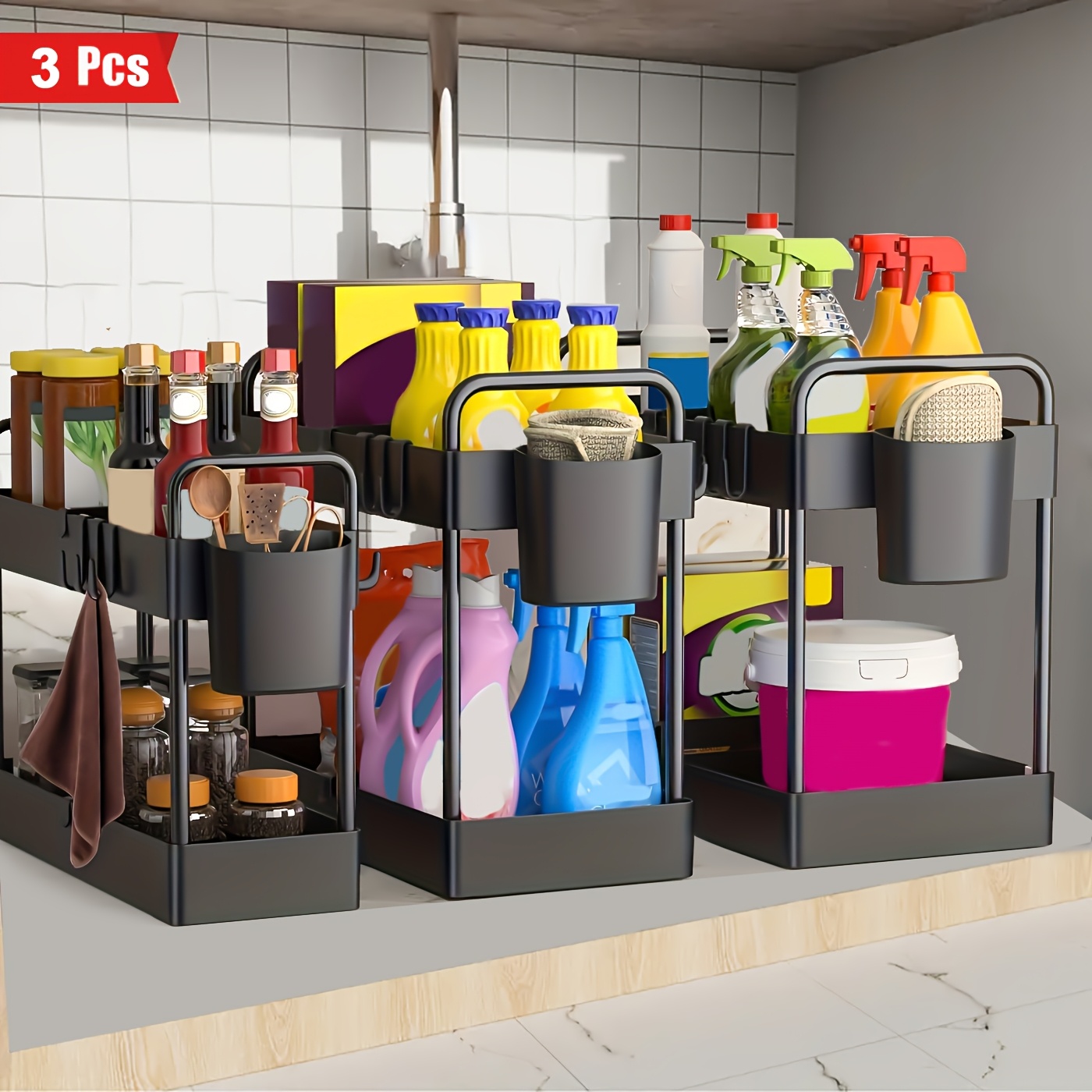 TEMU 3pcs Set Of Bathroom Sink Storage Rack, Suitable For Multifunctional Storage In Kitchen And Bathroom, Large, Medium And Small Cosmetics Storage Rack