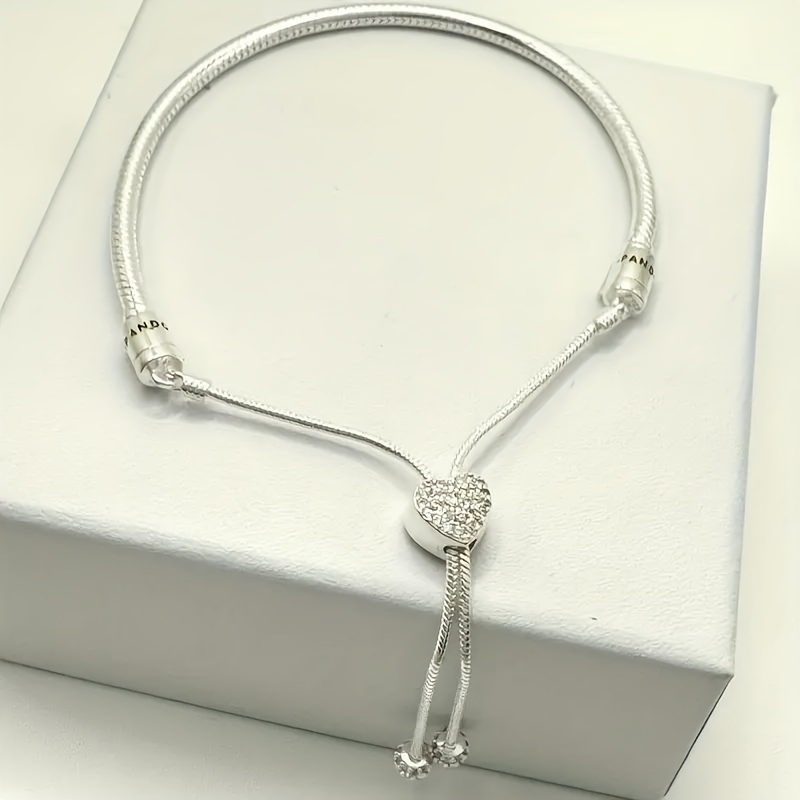 

1pc S925 Silver Bracelet For Women, Adjustable Heart Clasp Snake Chain Slider Bracelet, Diy Charm Bracelet Gift, For Christmas, Birthday, , Thanksgiving Gift,,