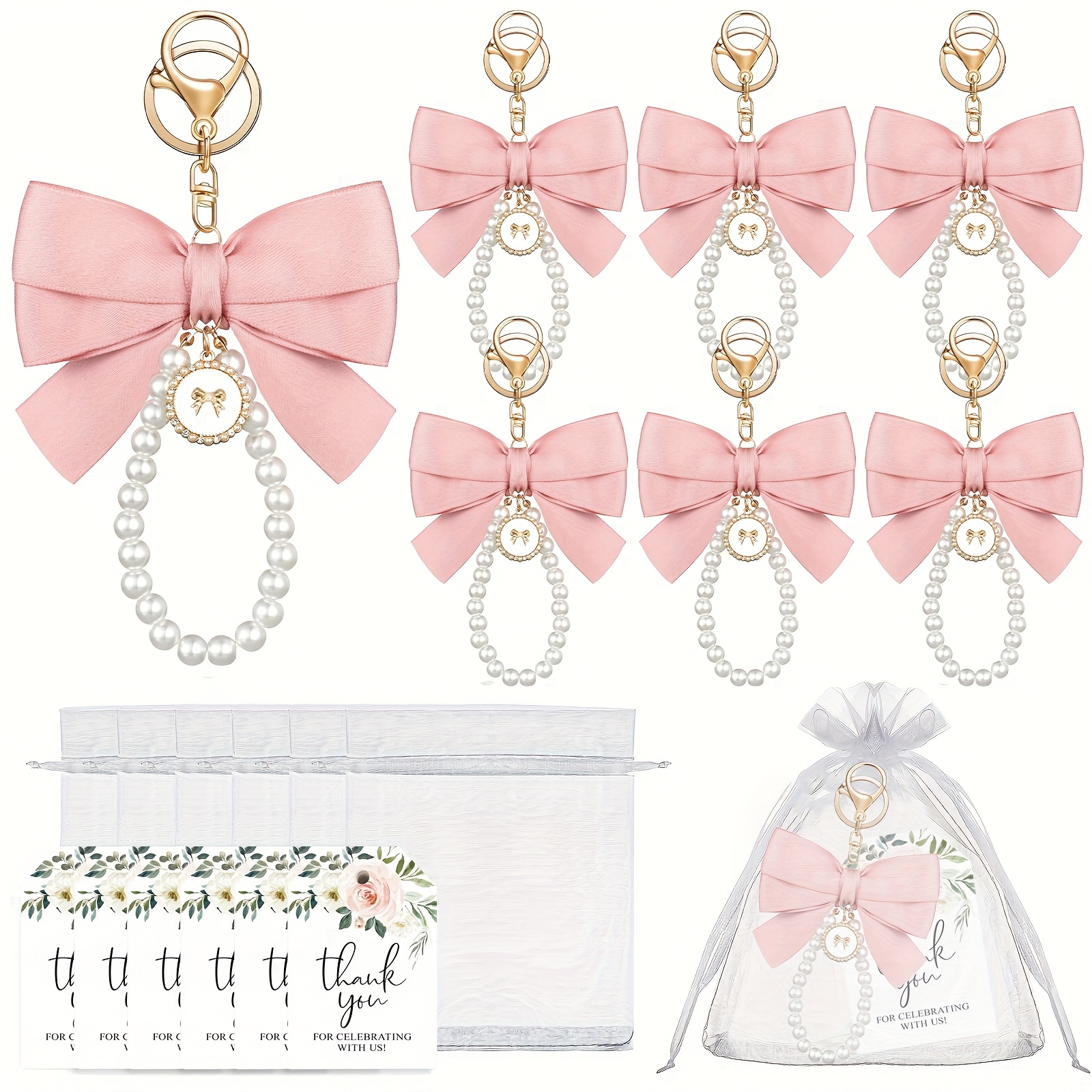 18pcs/set Elegant Bow Pearl Keychains - 6pcs Cute Bow Key Chain With 6pcs Thank You Gift Card And 6pcs Organza Bags For Women Daily Use Gift, Bridal Showers, Birthdays, And Wedding,halloween,christmas