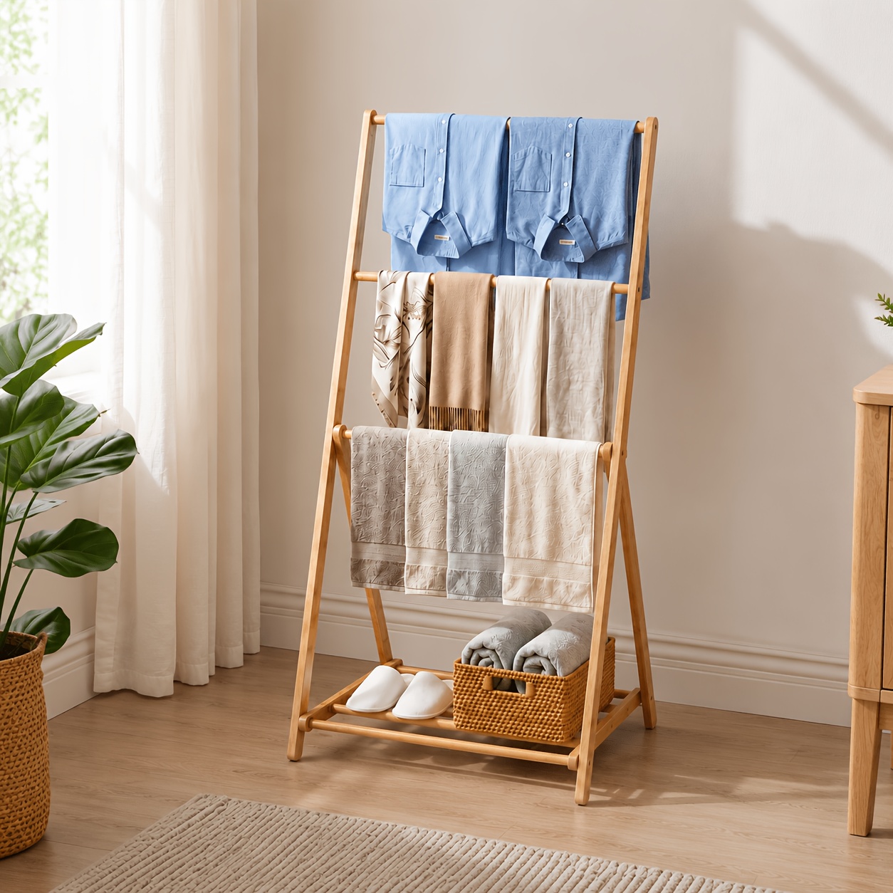 Rack, Wooden Clothes Drying Rack Folds Flat For Tight Spaces, Stable Triangular Base, Bottom Shoe Storage Rack, Small Clothing Rack For Bedroom, Balcony, , Bathroom