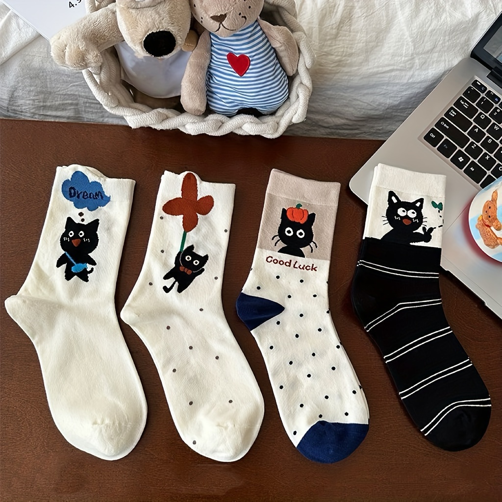 TEMU 4 Pairs Of Cute Cat Mid-calf Socks For Autumn And Winter