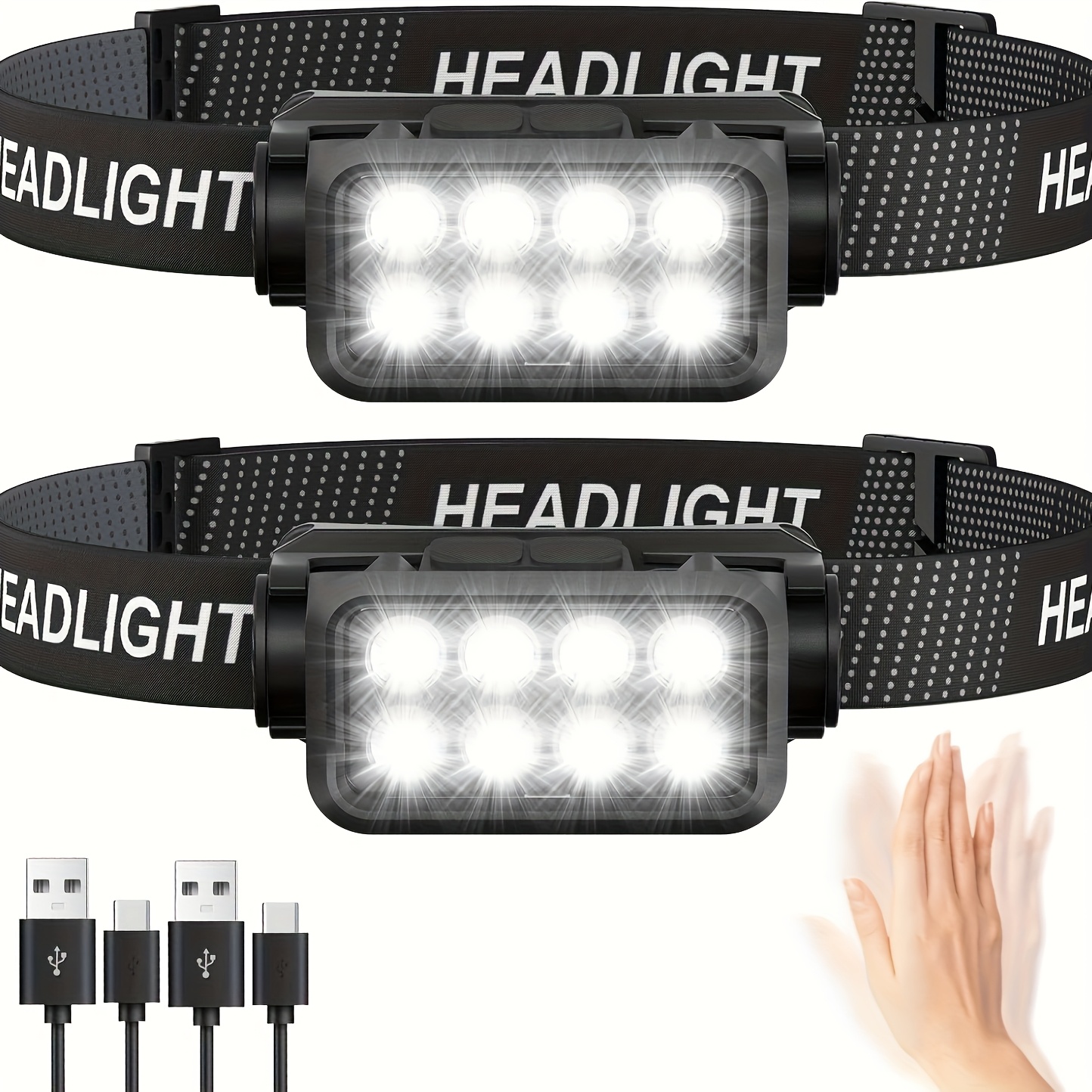 rechargeable   500     hands free headlight with 6   usb 120   usb cable included ip65 ready for camping emergencies running cycling