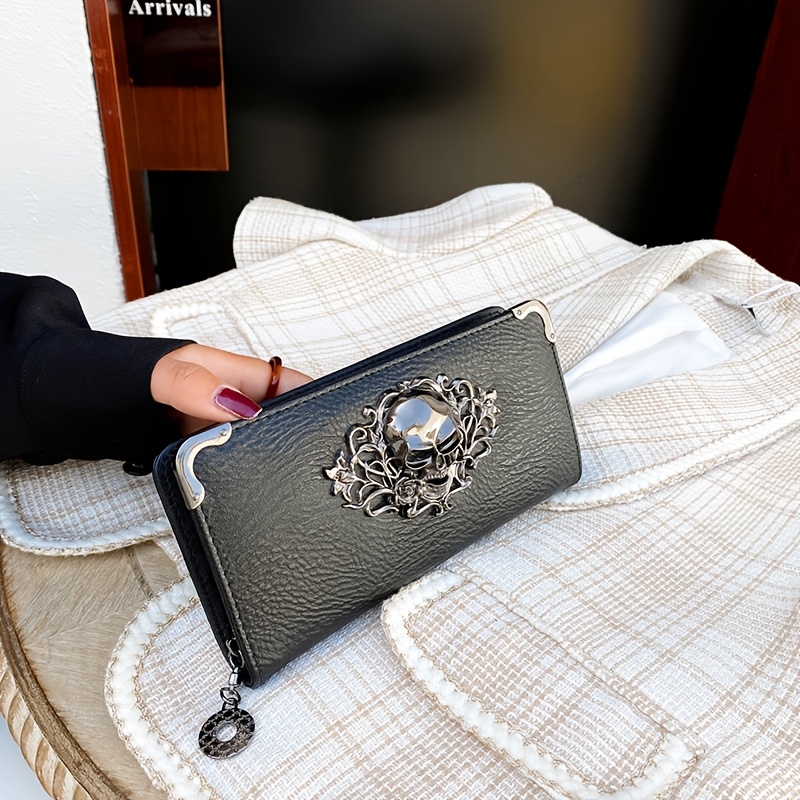TEMU Plain Weave Black Long Women's Wallet With Skull Decoration, Sporty Casual Crocodile Embossed Pattern, Minimalist Cardholder Wallet