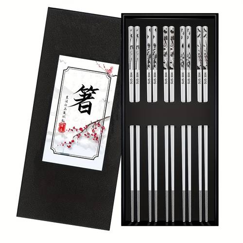 5 pair stainless steel chopsticks set reusable 304 metal chopsticks dishwasher engraved non slip japanese korean style for cooking eating noodles new year gift