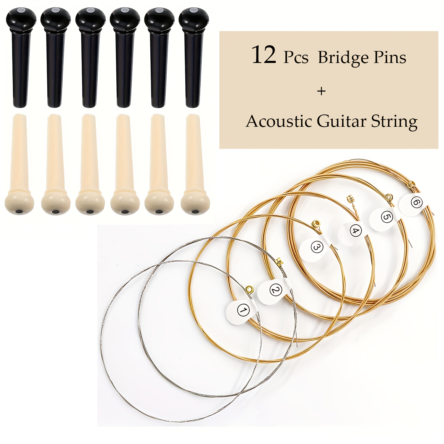 TEMU Quality Acoustic Guitar Strings - 6 String Set - With 12pcs Acoustic Guitar Bridge Pins, Guitar Accessories Kit