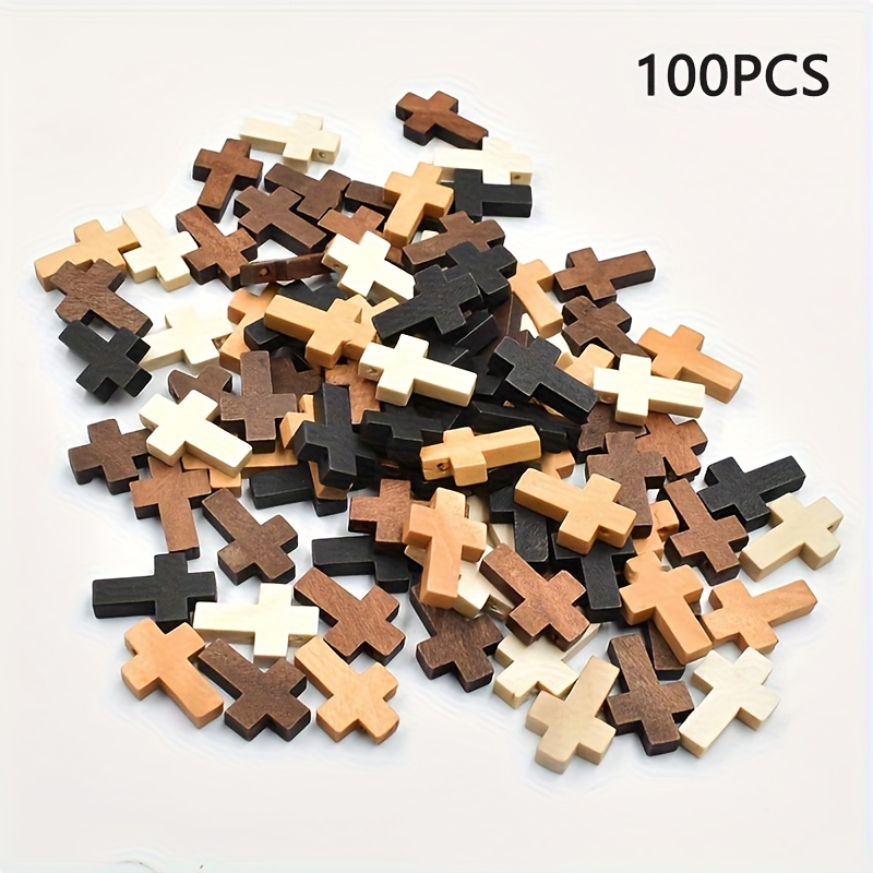 Image of 100pcs Bulk Wooden Cross Charms, Assorted , Natural Wood Bead Charms, Mini Cross Pendants For Jewelry Making, Diy Craft Supplies, Beads