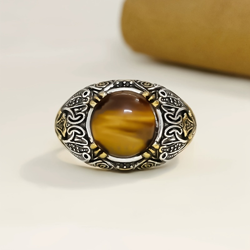 Tiger's Eye Adjustable Ring, Retro Inlaid Design