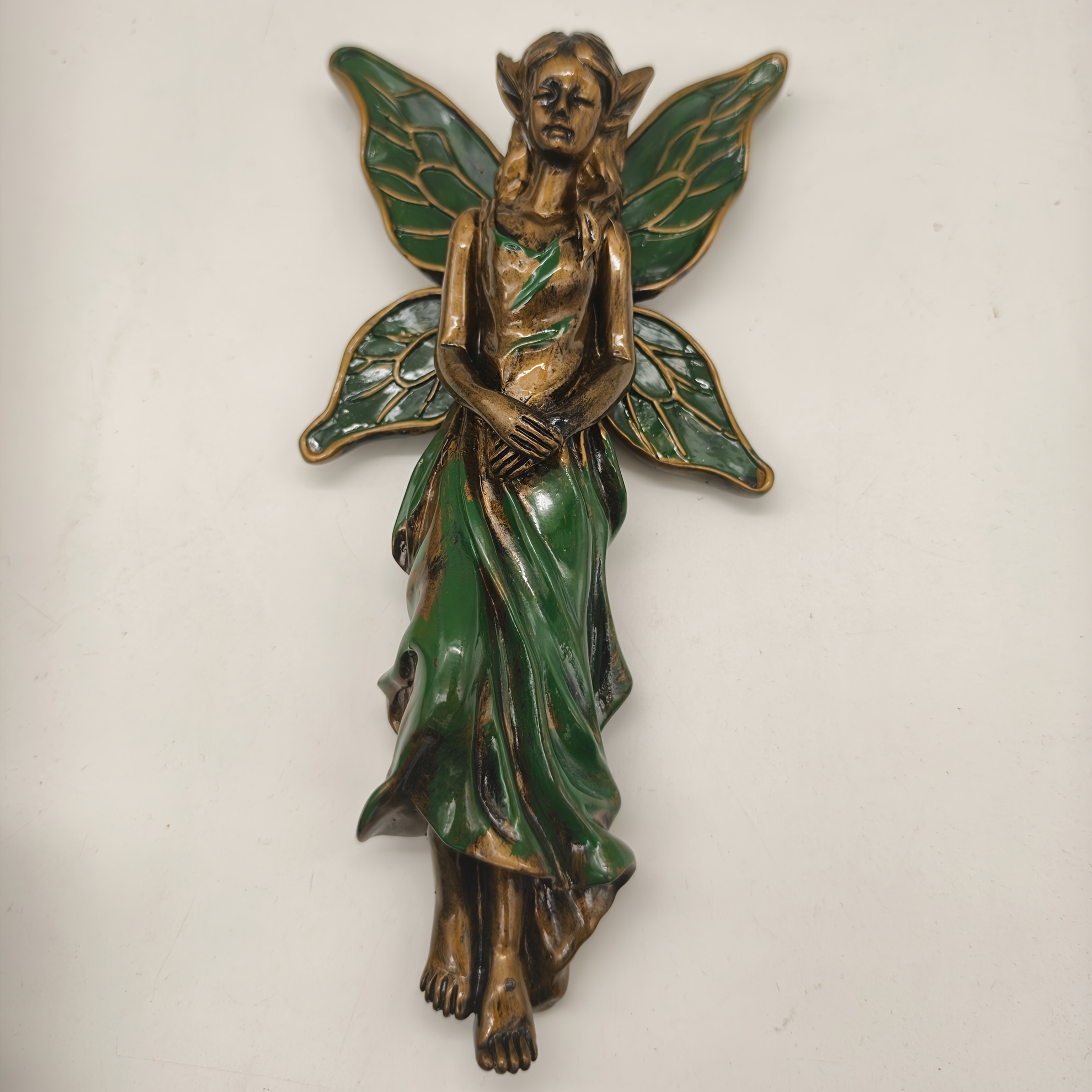 TEMU 【3D】 [3D] Sculpture murale féérique à effet bronze vert rétro, sprite en relief 3D en résine résistant aux intempéries avec ailes, décoration