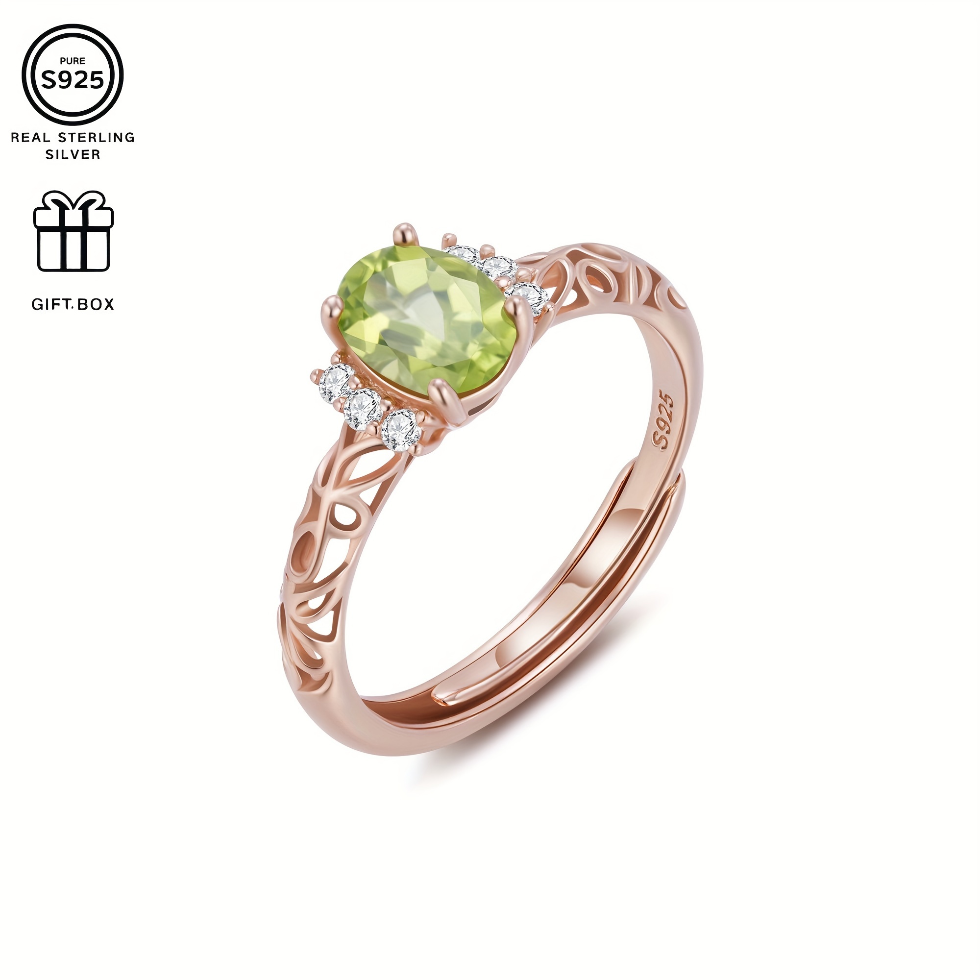 925 Silver Ring w/ Natural Gemstone Plated Hollow Pattern Lightweight