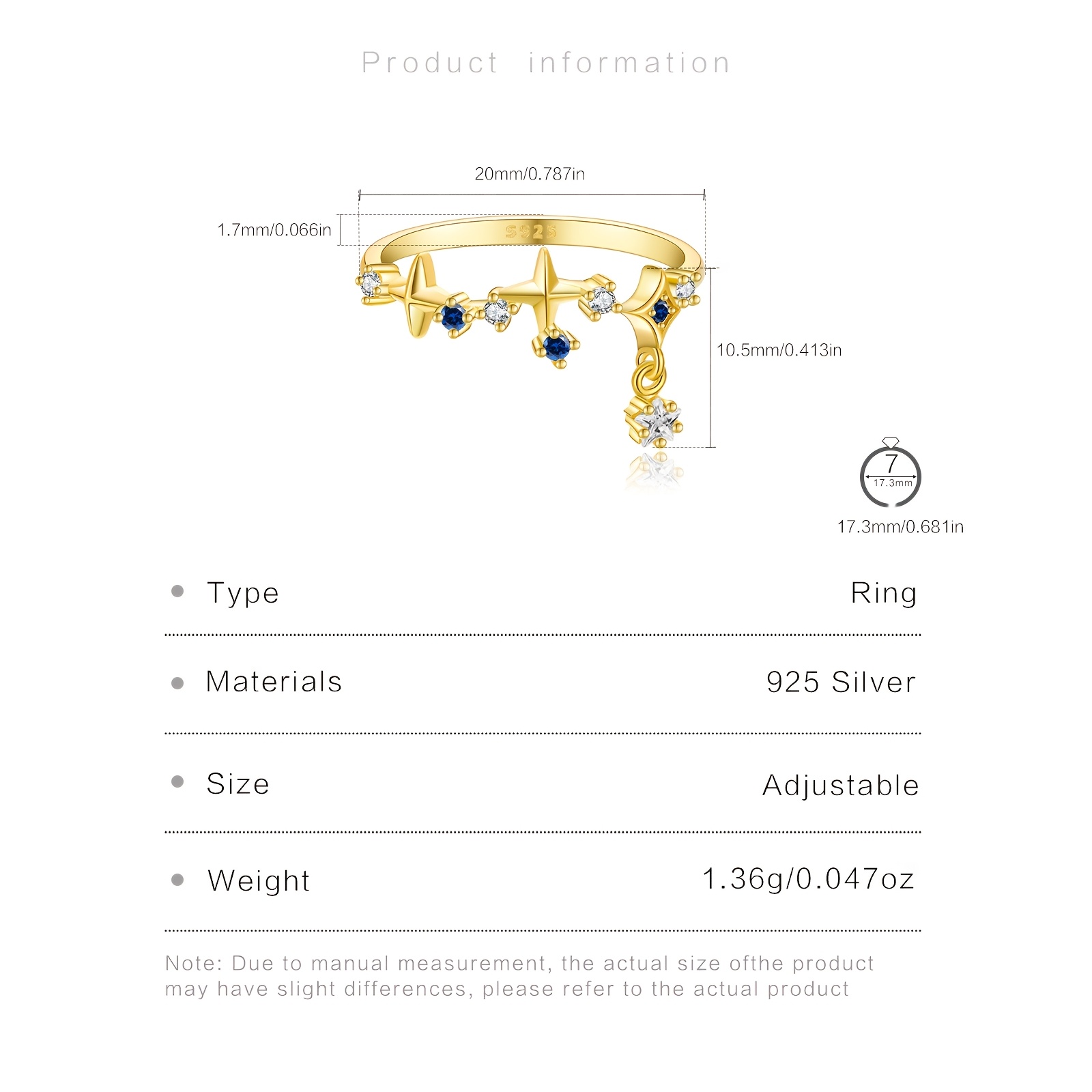 925 Silver Opening Ring Adjustable Size 18k Gold Plated Zirconia Accents
