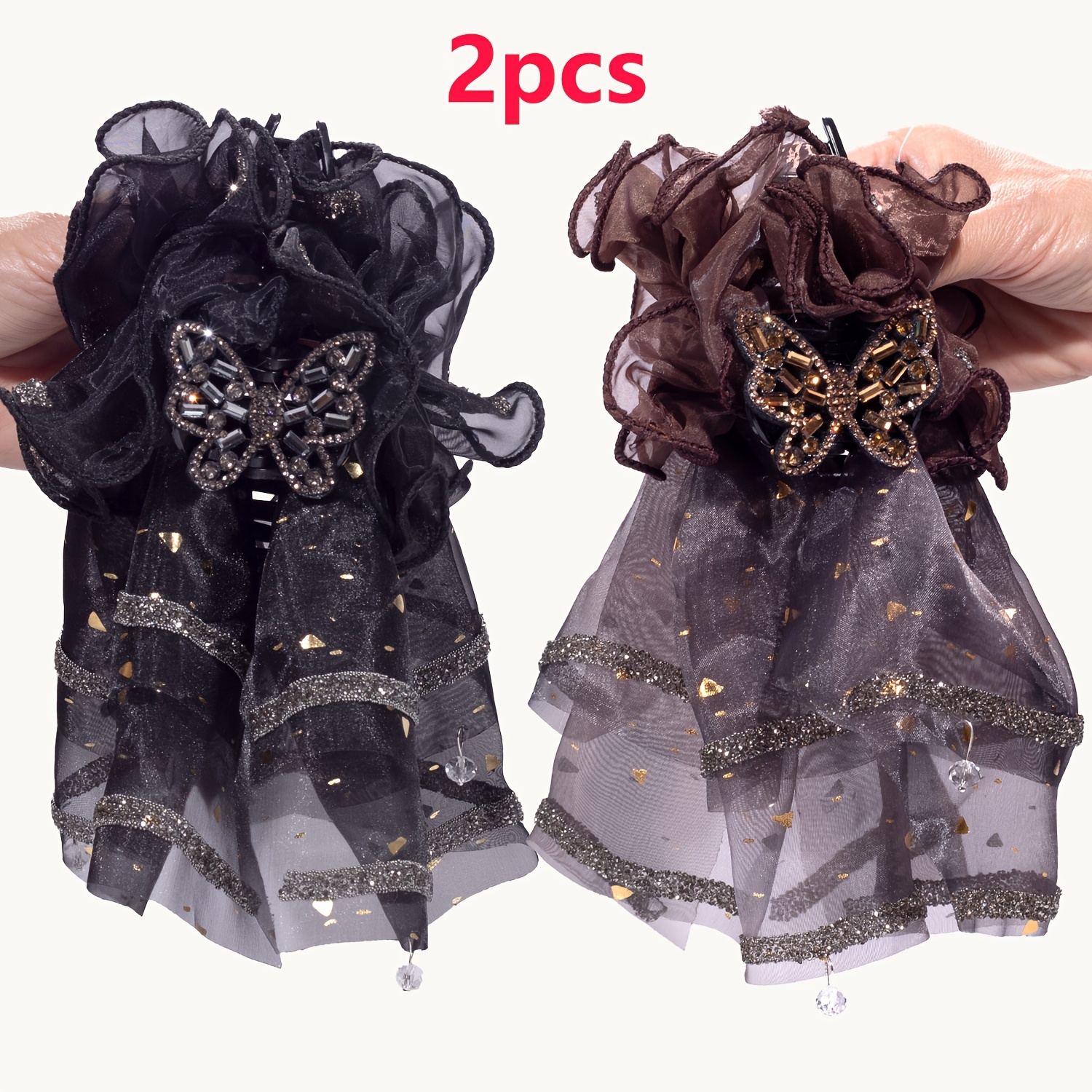 E-shop 2er-Set Neue Mesh Strass Schmetterling Haarspange, Damenmode Glänzende Strass Schmetterling Mesh Große Haar Dutt Haarspange, Hai Clip, Party