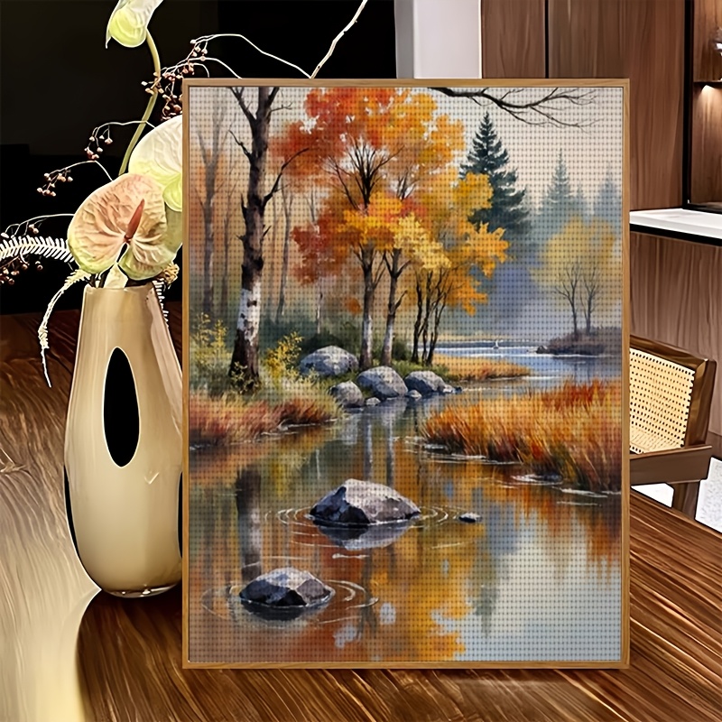 Printed Cross Stitch Kit, Autumn Forest Stream and Stones