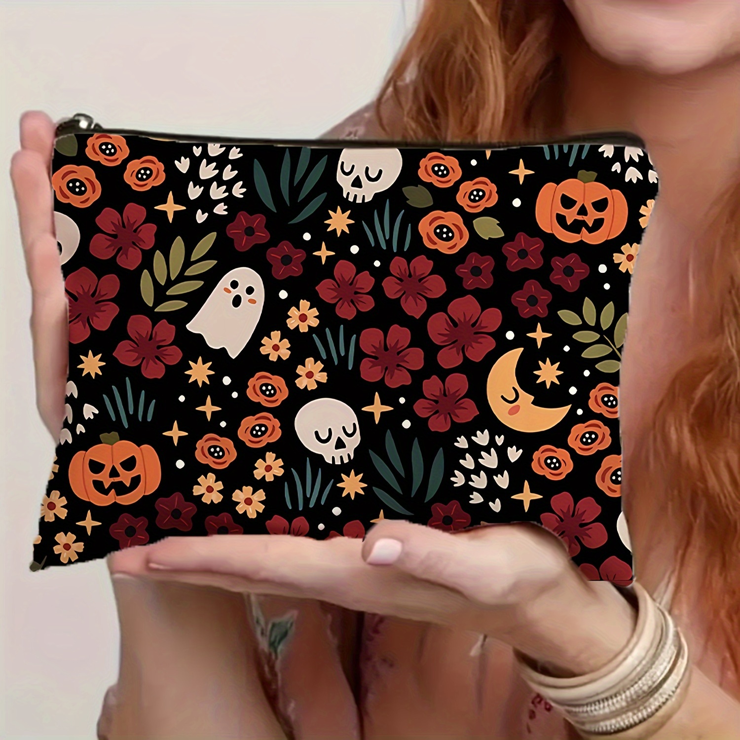 

Halloween Themed Cosmetic Bag - 1pc Polyester Waterproof Makeup Pouch With Pumpkin Design, Zippered Travel Toiletry Organizer For Unisex Adults, Holiday Gift Unscented