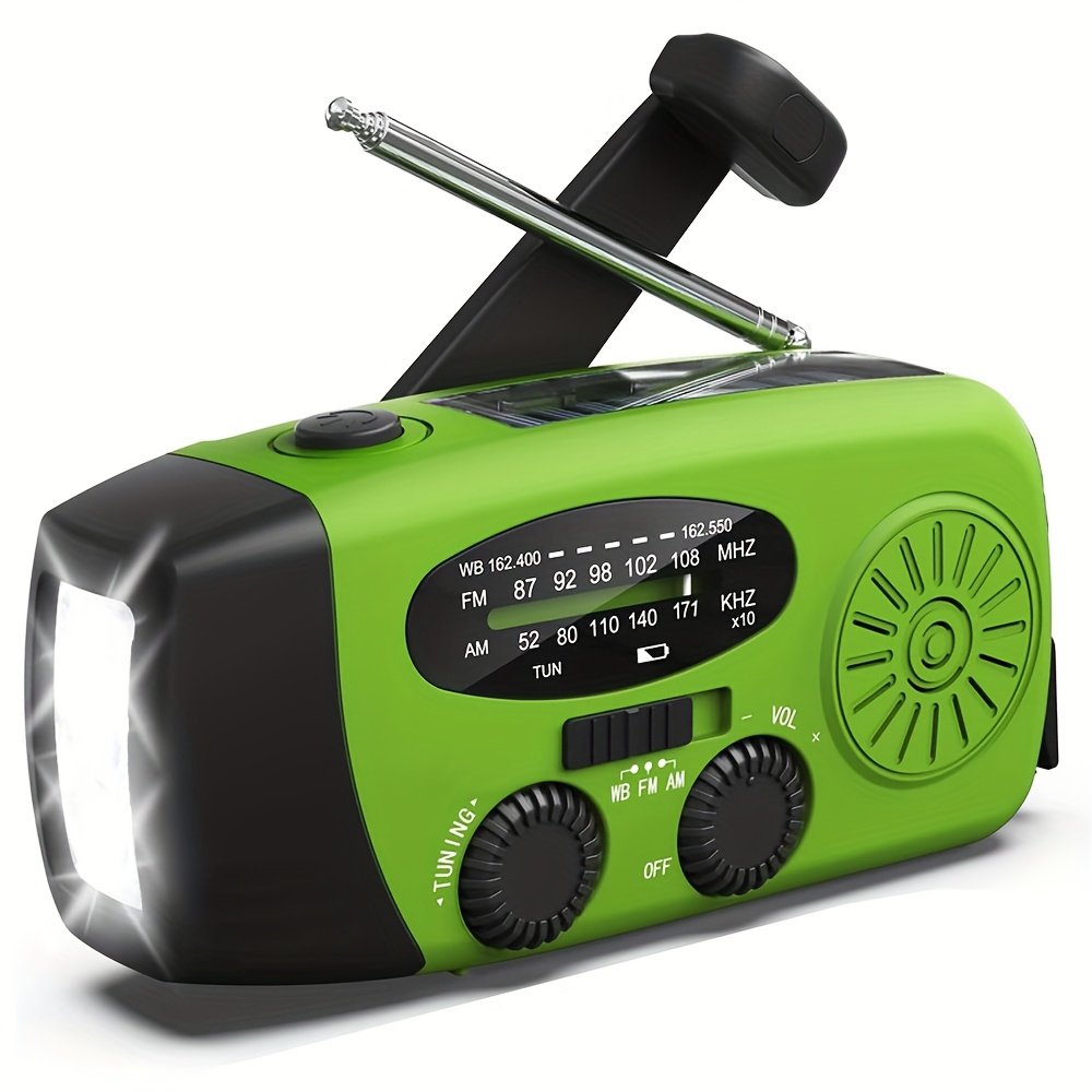 TEMU 'urgence portable à avec AM/FM, à jour météo, lampe de poche LED, options de chargement solaire et USB, et haut-parleur, idéale pour le camping,