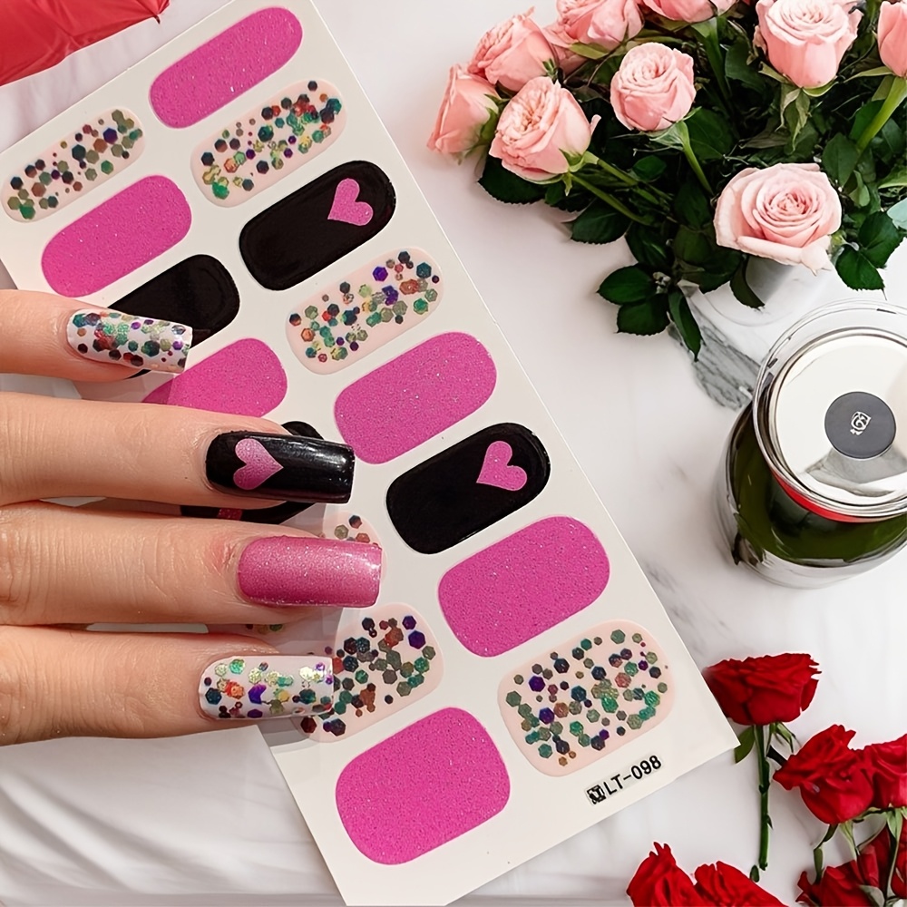 

Valentine's Day Heart Pattern Nail Art Stickers, Hypoallergenic Resin Decals With Glitter, Self-adhesive Semi- Nail Embellishments, Accessories For Plastic