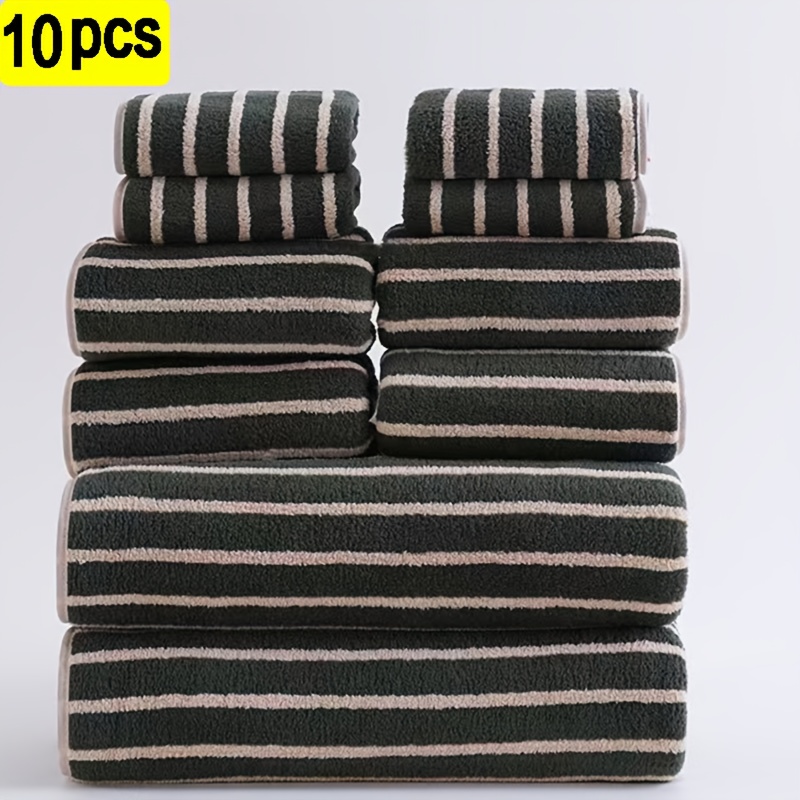 10-teiliges Badetuch-Set, 2 Badetücher, 4 Gesichtstücher, 4 Handtücher, Ultra-Saugfähig, Ultra-Weich, Kein Fächer, Kein Ausbleichen, Hochwertig Verdickt, Gestreifte Handtücher, Schnelltrocknend, Ideal