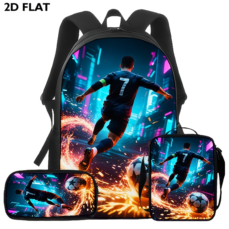 TEMU Set de 3 pièces Sac à dos sur le thème du football avec sac à déjeuner et trousse à crayons, convient pour , cartable grande avec compartiment