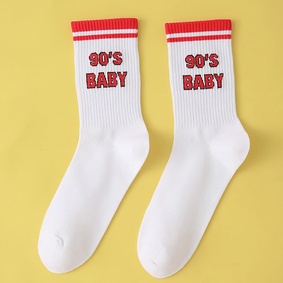 E-shop 1 Paar 90er-Socken mit Aufdruck, gestreifte Socken, Sportsocken, Doppel-Bars-Socken für Herren und Damen, süße Socken, Vintage-Socken,