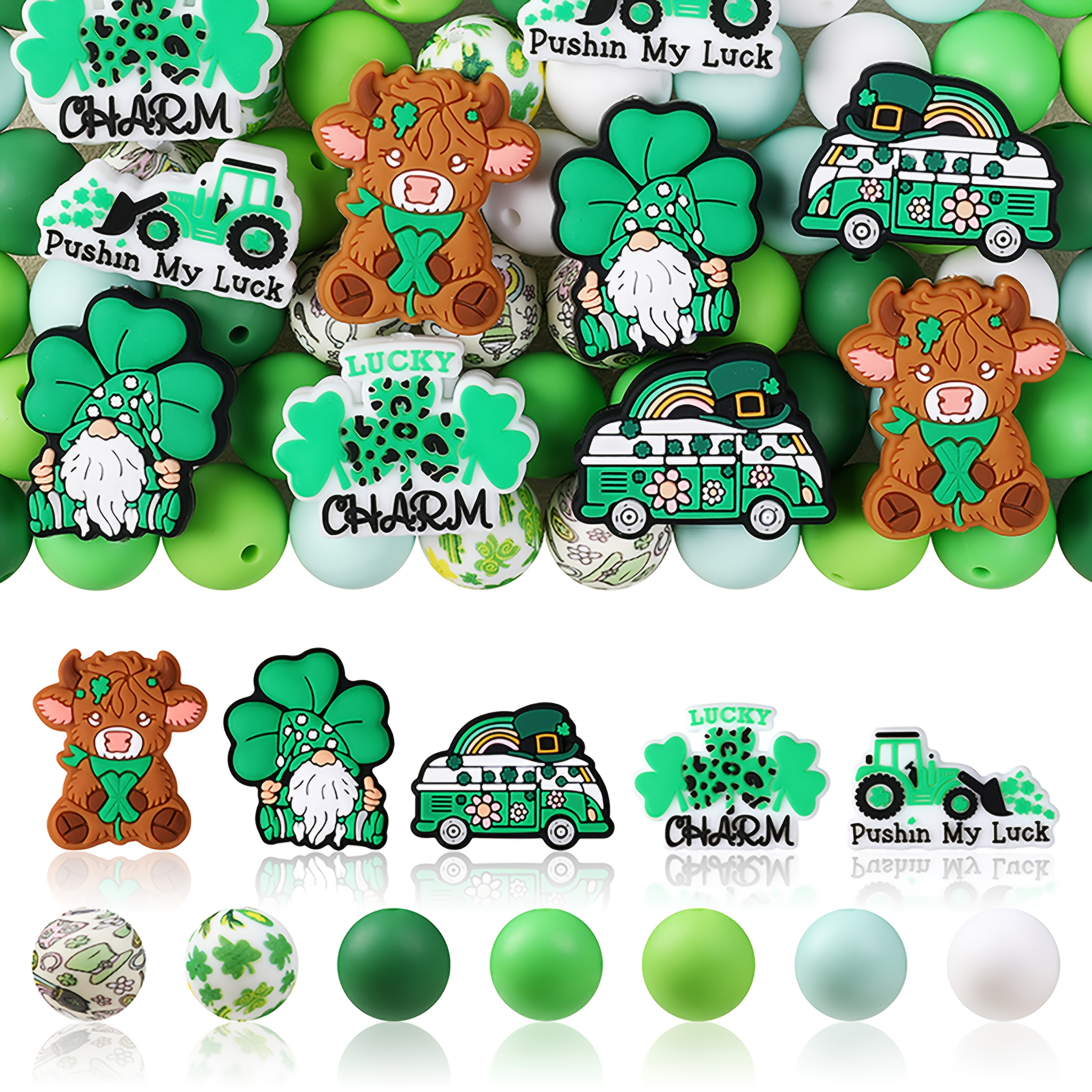 

's Day 71pcs Silicone Bead Set - Shamrock & With Cord For , Necklaces, Keychains - Mixed Round Spacer Beads