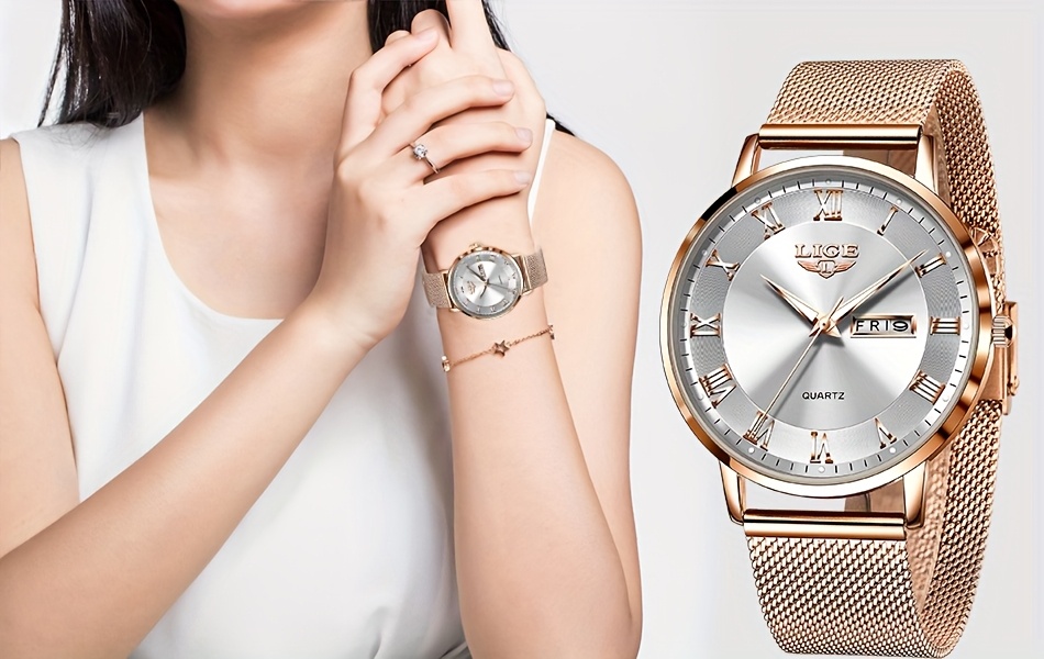 LIGE Dames Elegant Roestvrij Quartz Analoog Horloge met Datumkalender, Quartz Polshorloge Geschikt voor Dagelijks Gebruik - Tijdsmeter, Valentijnscadeau voor Vrouwen & Mannen (Merk)