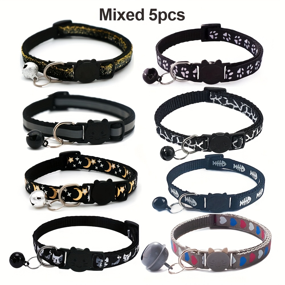 TEMU 5pcs Pet Cat Collar Set With Assorted Patterns, Safety And Bell, For Cats And Small Dogs, Random Styles