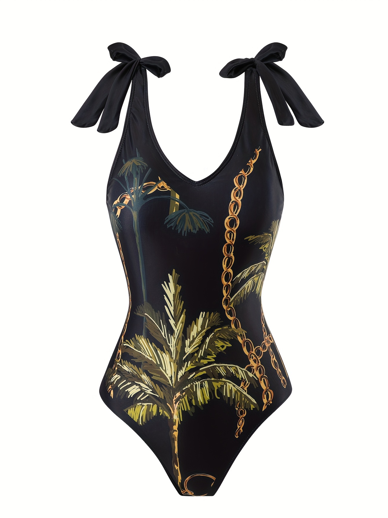 Green Contrast Trim Coconut Tree Chain Print Swimsuits Temu