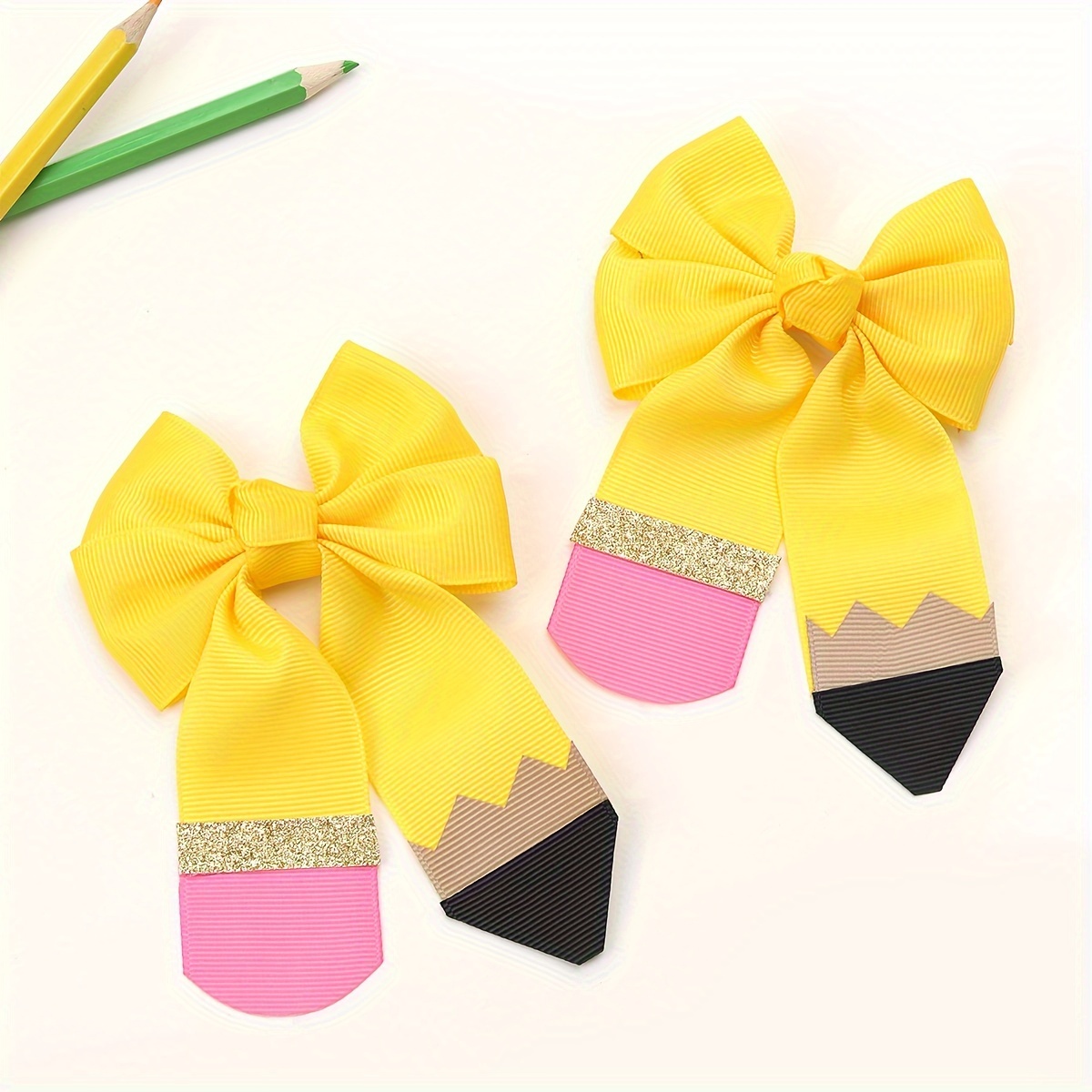 

2pcs Cute Yellow Pencil-shaped Bow Hair Clips For Girls, Ribbon Barrettes, 3.34" Hairpin Accessories For And