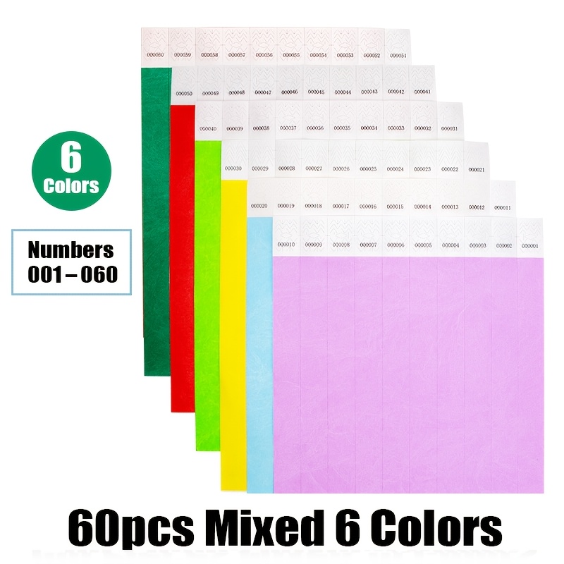Image of 60pcs Mixed 6-color Numbered Wristbands 001-220, Tear-resistant For Parties, &