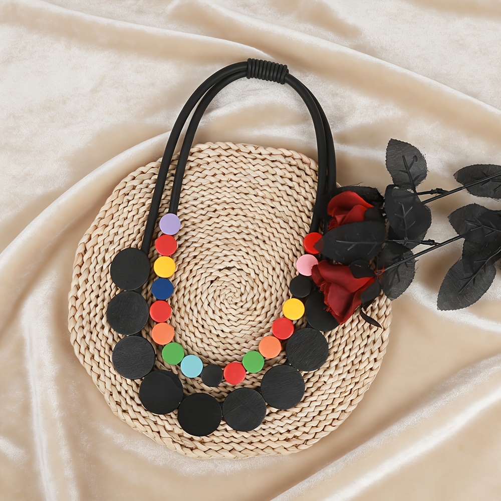 Geometric Round Color Block Pendant Necklace, Bohemian Style