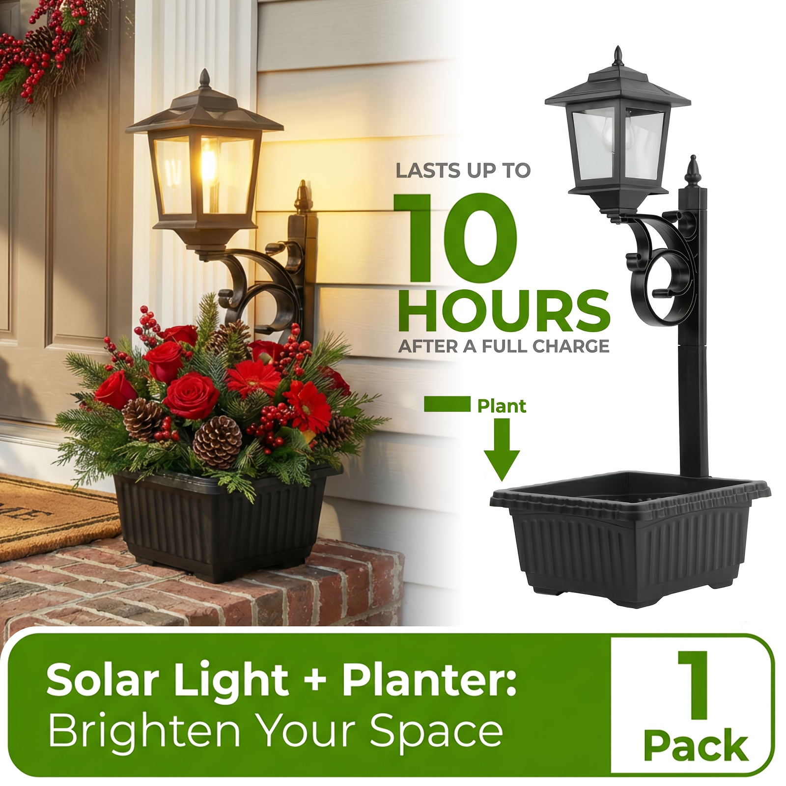TEMU Solar Lamp Post Light - 2in 1 Outdoor Flower Pot For Real Or Fake Flowers (not Included). Glass Lampshade, Glass Bulb 20lm, Wall Mount Ip44