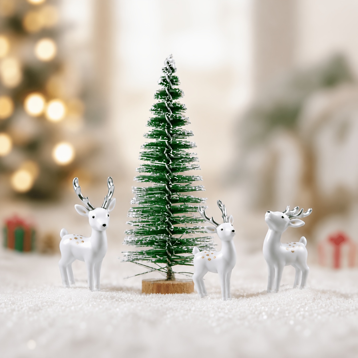TEMU 4pcs Miniature Deer Figurines With Snowy - Resin Woodland Winter Tabletop Decor Suitable For Home, Office, Shelf, / Christmas Tree Ornaments,