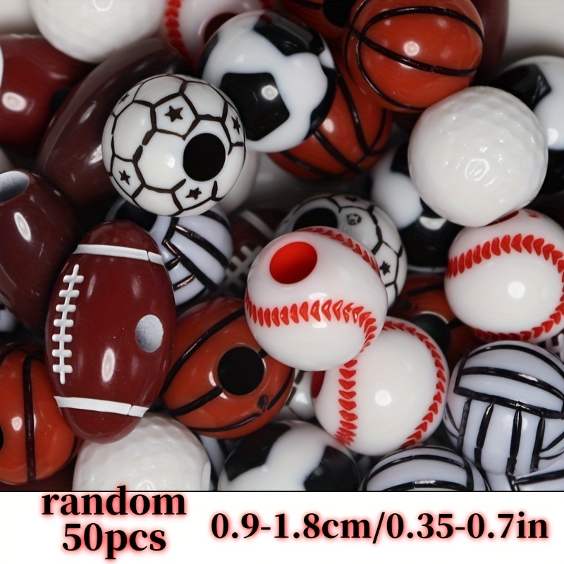 TEMU Cuentas de 9-18 mm, 50 piezas, estilo deportivo aleatorio de baloncesto, fútbol, béisbol, , , cuentas esparcidas para DIY de pulseras, collares,