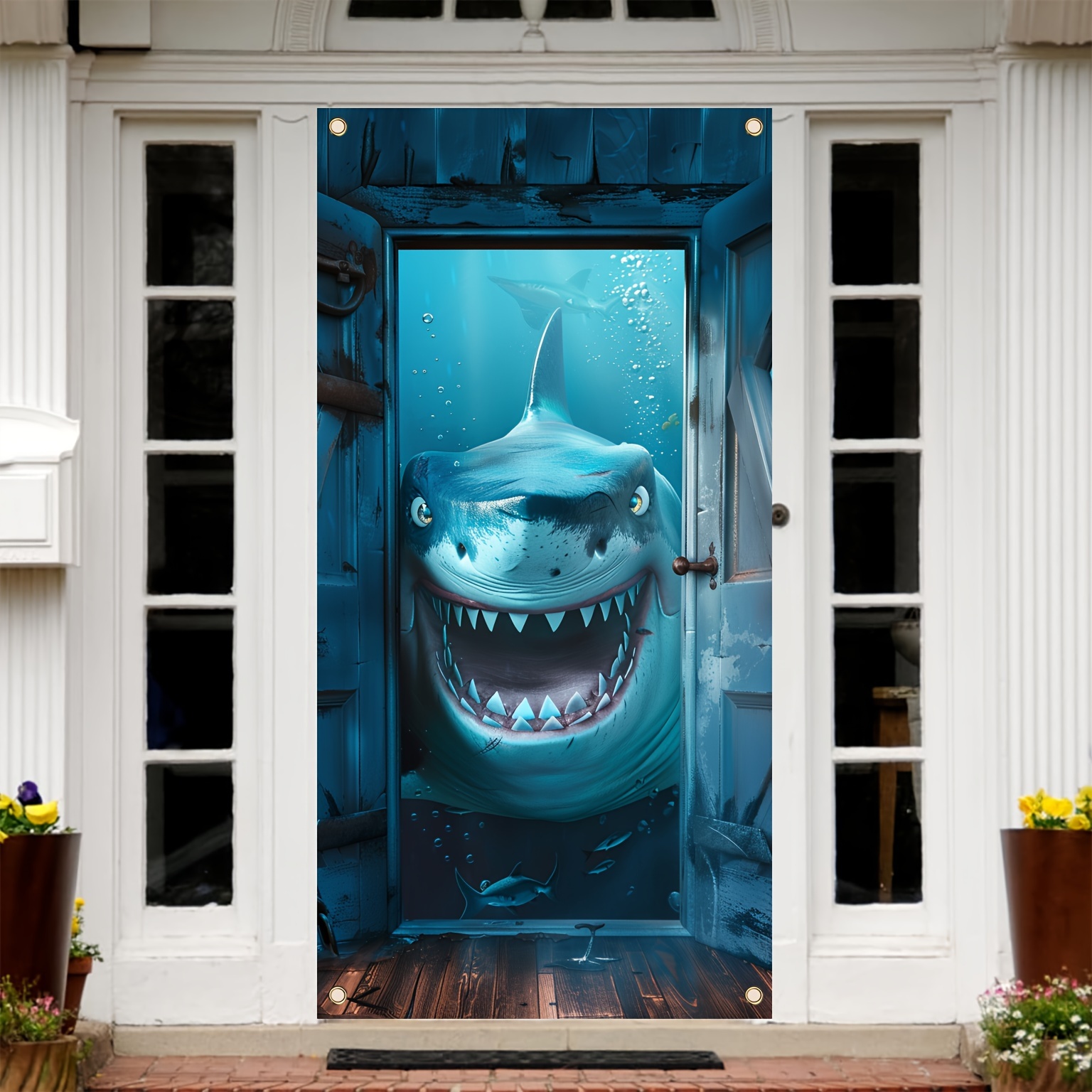 

Shark-themed Party Banner 70x35" - Underwater World Door Cover, Vinyl Photo Prop For Home Decor & Events