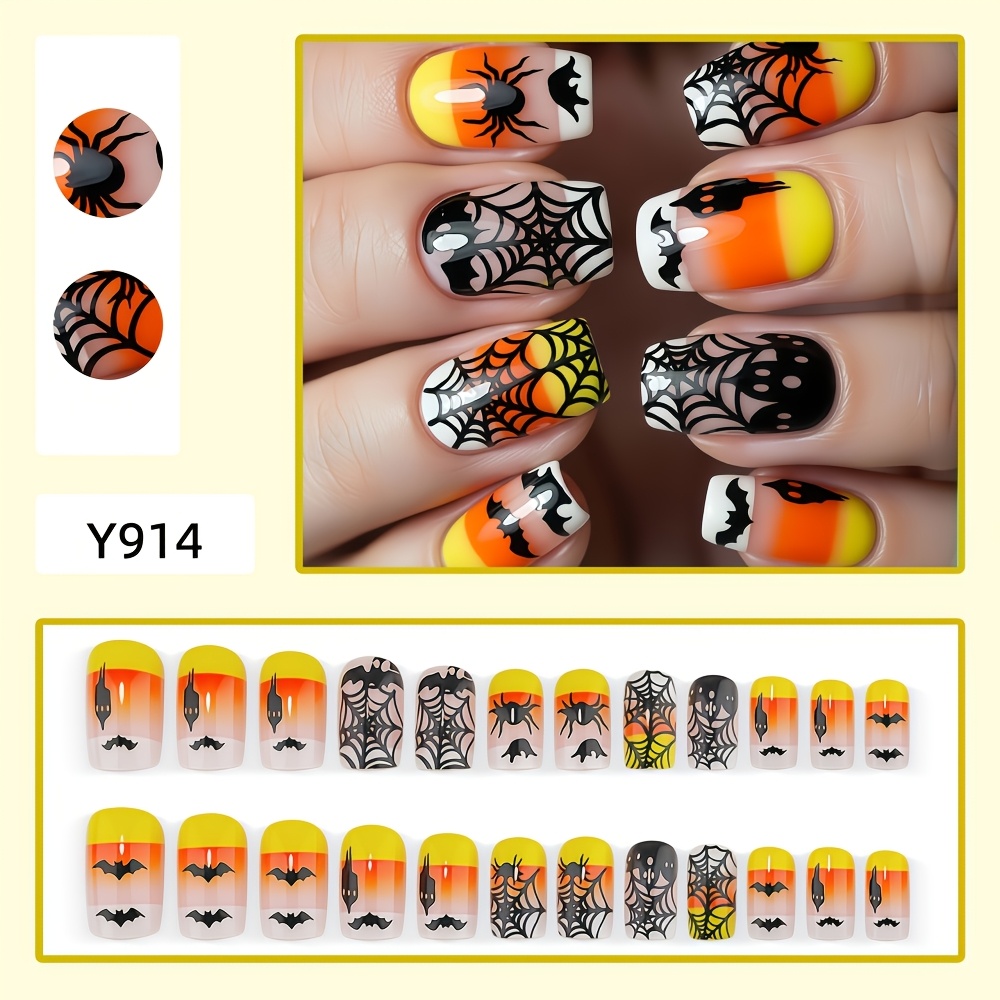TEMU 24pcs Short Style European Style Wearable Nail Polish - Candy Gradient Halloween Manicure - Web Pattern Bat Hand-painted Fake Nails - Detachable