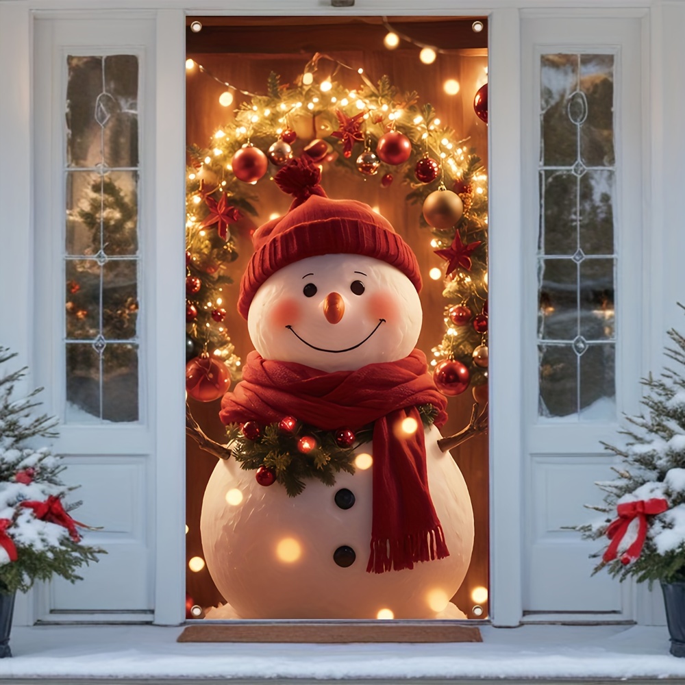 

Snowman Christmas Door Banner - Polyester, Easy-hang Design With Lighted Floral Ring, Holiday & New Year', 70x35 Inches